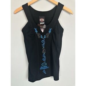 Harley Davidson Tank Top Small Black Blue Embroidered Cotton NWT Biker Shirt